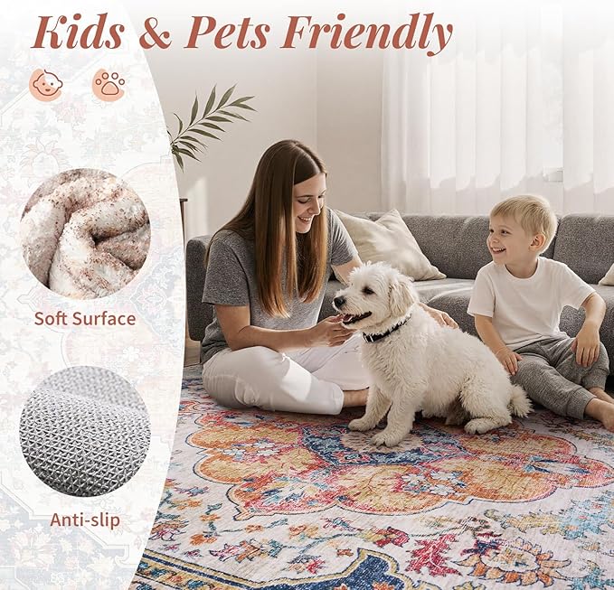 tchdio 5x7 Area Rugs for Living Room, Vintage Non Slip Washable Rug, Soft Low Pile Area Rug Large Floor Indoor Carpet for Bedroom, Dining Room, Office (Multi, 5'x7')