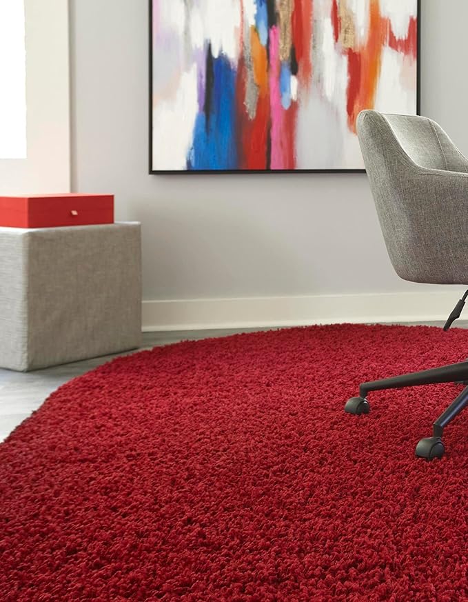 Unique Loom Solid Shag Collection Area Rug (7' 10" x 10' Oval, Cherry Red)