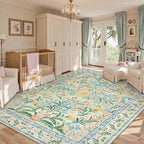 Lahome Boho Light Green Large Area Rugs for Bedroom 9x12, Floral Washable Rugs Living Room, Soft Non-Slip Thin Rug for Nursery Kids Playroom Tween Girls Home, Tea Green