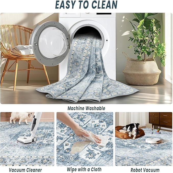 6x9 Area Rugs Washable Rugs for Living Room, Vintage Boho Rug Non-Slip Soft Floral Distressed Rug Low Pile Stain Resistant Carpet for Bedroom Nursery Office Dining Room Farmhouse Dorm(Blue, 6'x9')