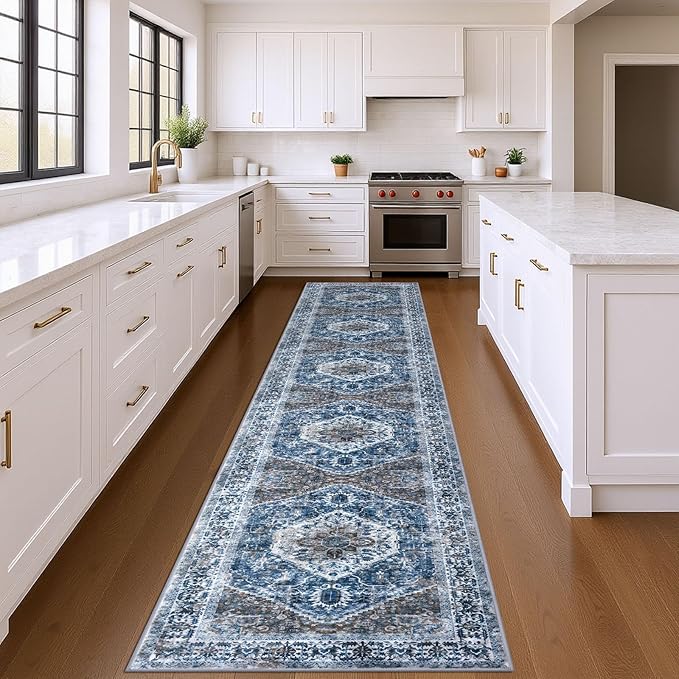 KOZYFLY Runners for Hallways 3x14 Ft Extra Long Washable Kitchen Thin Runner Rug Boho Runner Rug for Entryway Indoor Blue Printed Oriental Faux Wool Stair Floor Carpet Runner for Stair Kitchen Hall