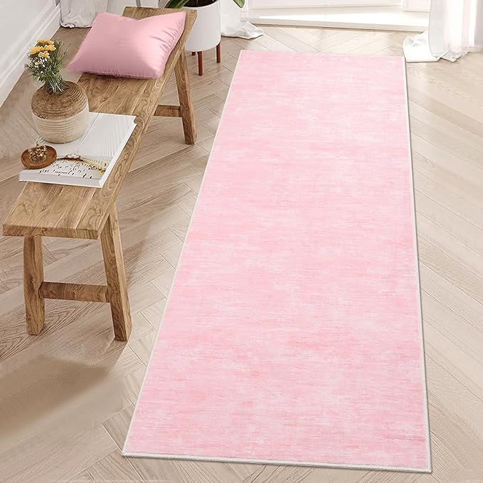 RUGSREAL Modern Runner Rug 2.5x8 Stain Resistant Washable Kitchen Runner Carpet ith Rubber Backing Low Pile Contemporary Solid Color Entryway Mat Ultra Soft Rug for Living Room Bedroom, Pink