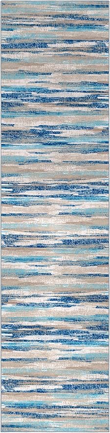 Modern Abstract Hallway Runner Rug, Blue Washable Kitchen Runner Non-Slip Soft 2x8 Runner Rug Thin Print Faux Wool Carpet for Entryway Bedroom Laundry Room Indoor
