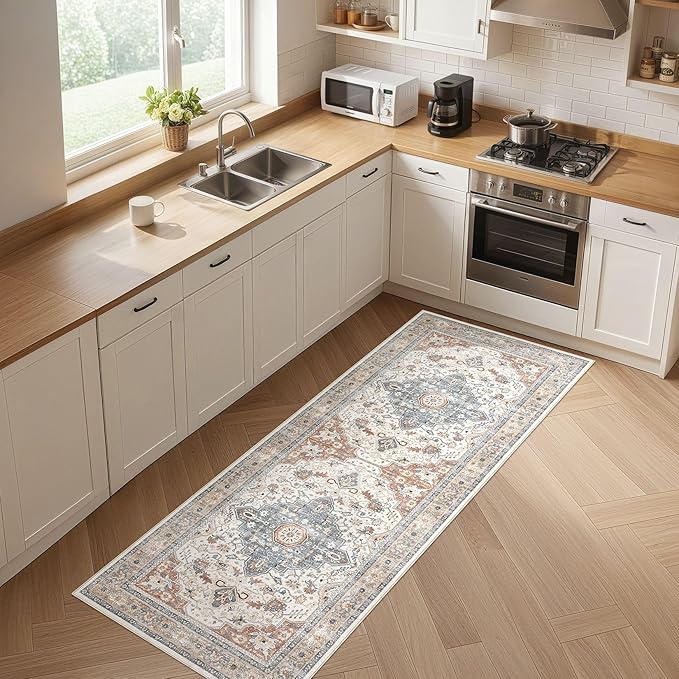 Runner Rug Kitchen Washable Rugs: 3x8 Non-Slip Boho Vintage Distressed Stain Resistant Indoor Neutral Farmhouse Throw Carpet for Hallway Bathroom Laundry Room Entryway Bedroom- Beige Blue