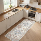 Runner Rug Kitchen Washable Rugs: 3x8 Non-Slip Boho Vintage Distressed Stain Resistant Indoor Neutral Farmhouse Throw Carpet for Hallway Bathroom Laundry Room Entryway Bedroom- Beige Blue