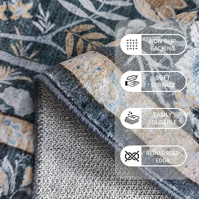 Washable Living Room Rug: 10x14 Boho Floral Soft Area Rug for Bedroom Decor - Vintage Low Pile Thin Carpet for Dining Room Non-Slip - Farmhouse Stain Resistant Rugs - Slate Blue