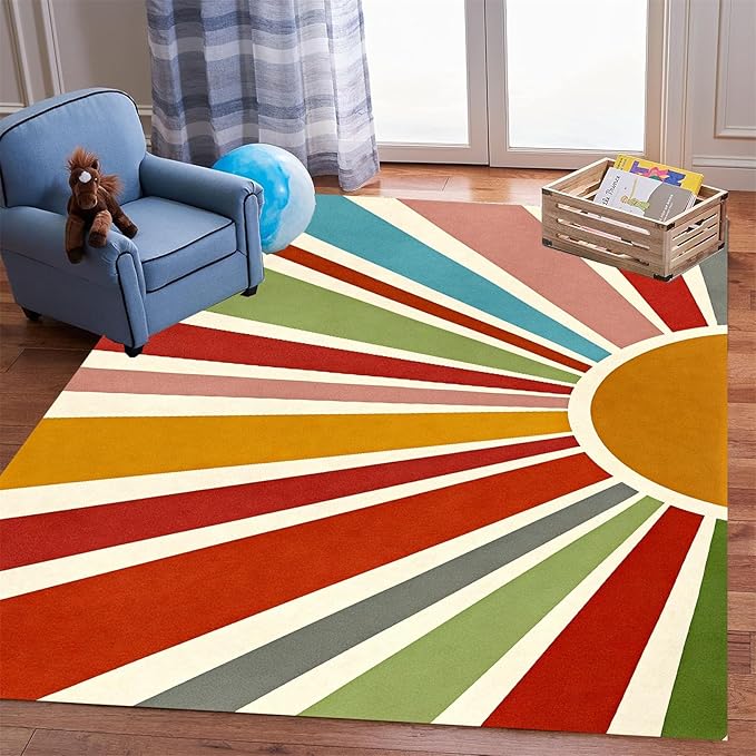 Rainbow Sun Area Rug,5x7ft,Medieval Vintage Geometric Rugs,Boho Style Bedroom Decor Rug Soft Machine Washable Carpet for Indoor Bedroom Living Room Office Decor