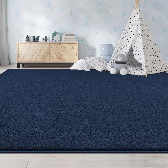 Large Area Rugs for Living Room Bedroom, 5x8 Feet Navy Blue Rug, Minimalist Modern Shag Rug, Soft Thick Memory Foam Indoor Carpet, Non-Slip Washable Rug for Boys Girls Dorm Nursery Room Home Decor