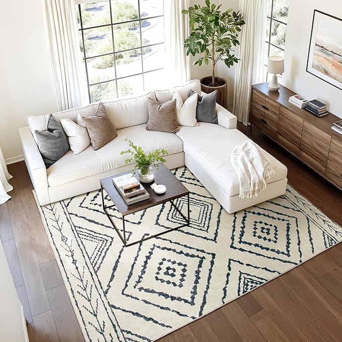 Area Rug 9x12 Rug Machine Washable Non-Slip Low Pile Print Pattern Western Rug for Living Room Bedroom Entryway Tribal Series -Navywhite/Black