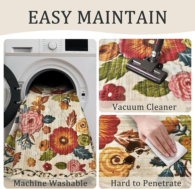 4ft Round Machine Washable Area Rug for Living Room, Beige Vintage Boho Floral Rug Large Non-Slip Low Pile Soft Faux Wool Carpet, Kids and Pets Friendly for Bedroom Nursery Farmhouse Home Decor Rug