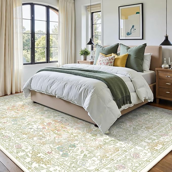 Sage Green Boho Area Rugs for Bedroom Aesthetic 8x10 - Washable Floral Farmhouse Large Rug for Living Room, Dining Room Under Table, Nursery - Soft Cottage Core Carpet with Low Pile & Non Slip