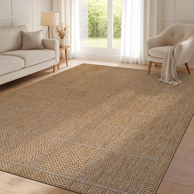 Beverly Rug Easy Jute Checkered Squared Rug 4x6 Washable Durable Indoor Outdoor Area Rugs for Living Dining Room Patio Office Stain Resistant Non Shedding Casual Indoor Outside Carpet 4 x 6 Natural
