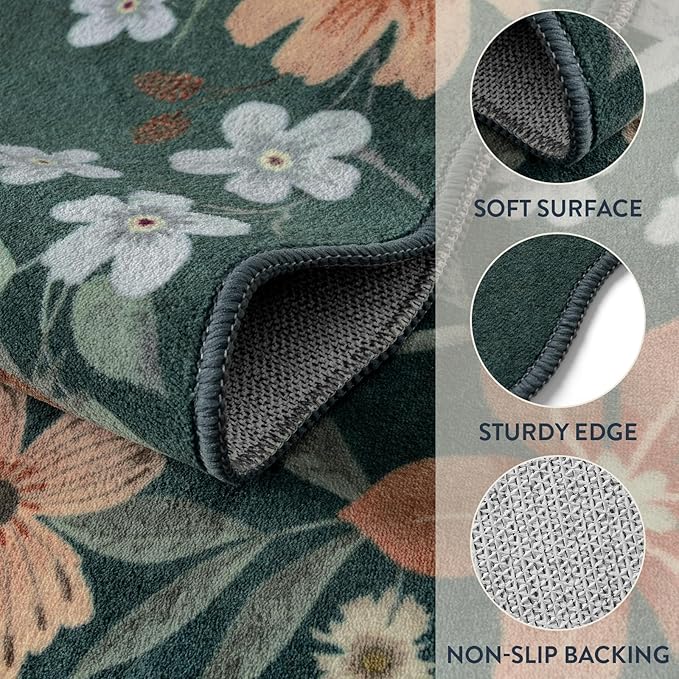 Lahome Floral Washable 6x9 Area Rugs, Soft Bedroom Rug for Living Room Ultra-Thin Non Slip Dining Room Rug, Stain Resistant Boho Rugs Easy Clean Throw Carpet for Office(6'x9',Dark Green)