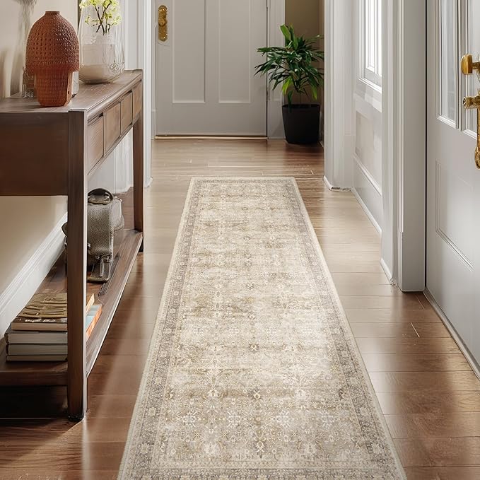 Beige Neutral 2x6 Runner Rug for Hallways Entryway, Vintage Earth Tone Kitchen Bathroom Runner 6ft, Non Slip Washable Low Pile Thin Carpet Runner for Mudroom/Laundry Room/Bedroom Bedside
