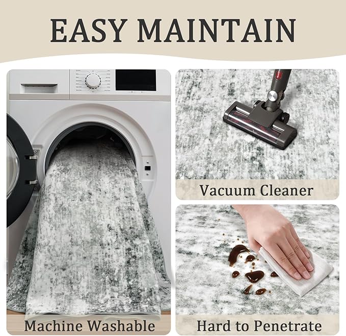 3x5 Machine Washable Area Rug for Entryway, Grey Modern Vintage Abstract Rug Non-Slip Low Pile Soft Faux Wool Small Carpet, Kids and Pets Friendly for Bedroom Kitchen Hallway Home Decor Rug