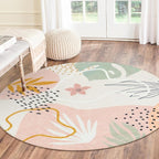 Lahome Pink Round Rugs 5Ft - Washable Boho Large Round Area Rug for Living Room Non-Slip Throw Ultra- Thin Circle Rugs for Bedroom Nursery, Cute Soft Botanical Print Round Carpet for Classroom Office
