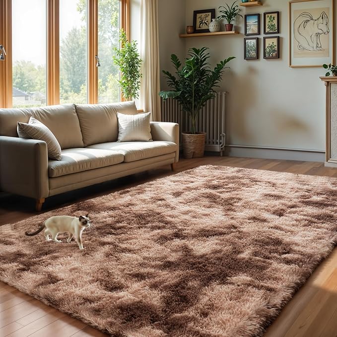Zentavio Area Rugs for Living Room Large Rugs for Bedroom 5x8 Soft Carpet Fluffy Furry Shag Aesthetic Plush High Pile Gray Throw Rug for Nursery Kids Room Dorm Tie-Dyed Coffee