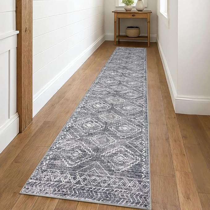 KILOCOCO Hallway Runner Rug 2'x10' Runners for Hallways Washable Runner Rug Non Slip Rubber Backed Low-Pile Runners for Bedroom Kitchen Living Room Laundry Room Boho Rugs, Grey