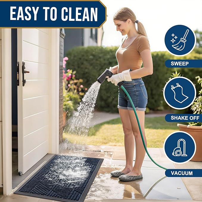 Kitinjoy Front Door Mat Outside Entrance, Sturdy Natural Dirt Trapper, Heavy Duty Rubber Doormat, Low Profile Non-Slip Backing, Easy Clean Floor Mat for Indoor Outdoor Entry, 29.5X17 Inch, Navy Blue