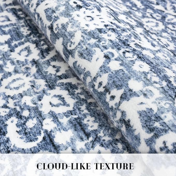 Hallway Runner Rug, Light Blue White Washable Runner Rug 2x8 Vintage Floral Kitchen Rug Runner Non Slip Thin Printed Faux Wool Super Soft Carpet for Entryway Bedroom Laundry Room Indoor