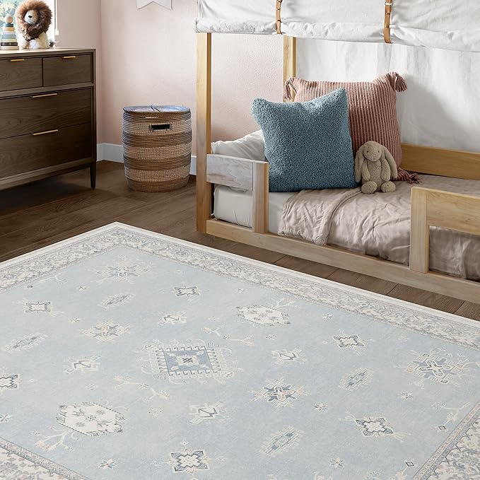 RUGGABLE Washable Vintage Area Rug – Verena Soft Blue 5x7, Stain-Resistant, Non-Slip – Medium Machine Washable Rugs for Living Room, Bedroom, Hallway, Entryway & Office–with Standard Pad