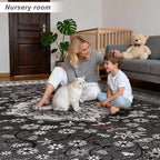 Luxury 8' x 10' Black Washable Area Rugs, Boho Low Pile Easy Clean Non-Slip Rug, Floral Medallion Pattern Vintage Rugs for Living Room, Dinning Room, Office, Bedroom, Bathroom, Laundry Room, Farmhouse