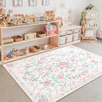 Pink Rug Bow Floral Rug 3x5, Washable Boho Area Rugs Non Slip Low Pile Carpet for Girls Room Bedroom, Bedside, Kitchen, Entryway, Kids Room, Soft Ultra-Thin Indoor Elegant Rugs
