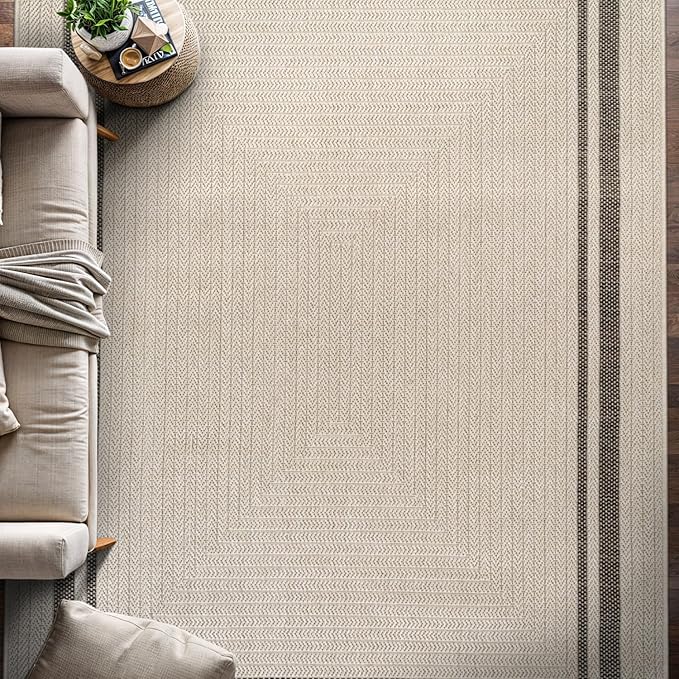 Beverly Rug Easy Jute Bordered Rug 4x6 Washable Durable Indoor Outdoor Area Rugs for Living Dining Room Patio Office Stain Resistant Non Shedding Casual Indoor Outside Carpet 4 x 6 Off-White