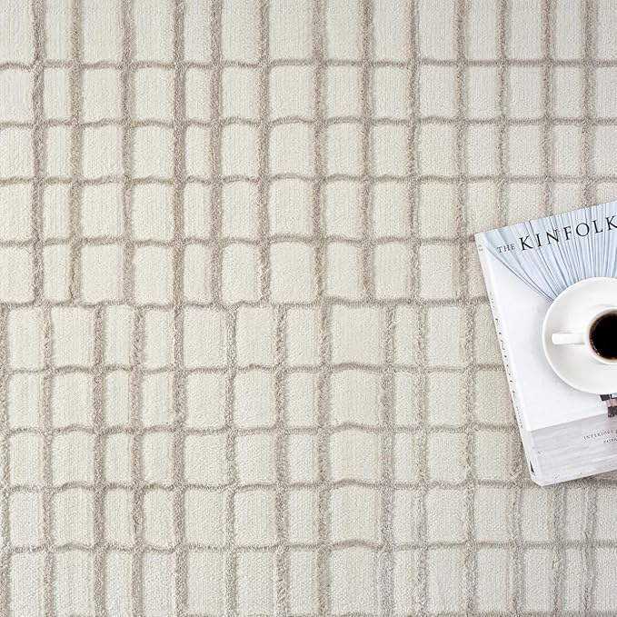 Abani Cream Grid Textured Area Rug - 5 x 8' - Chunky, Plush and Soft Washable Carpet - Perfect for Living Room & Bedroom - Plush Deco Collection