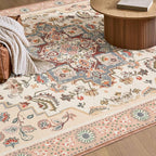 Phantoscope Washable Area Rug 4'x6' Non-Slip, Vintage Boho Rugs for Living Room, Bedroom, Dining Room, Persian Floral Medallion Pattern, Low-Pile Foldable Floor Carpet, Ivory Rose/Fall Bloom