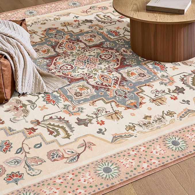 Phantoscope Washable Area Rug 4'x6' Non-Slip, Vintage Boho Rugs for Living Room, Bedroom, Dining Room, Persian Floral Medallion Pattern, Low-Pile Foldable Floor Carpet, Ivory Rose/Fall Bloom