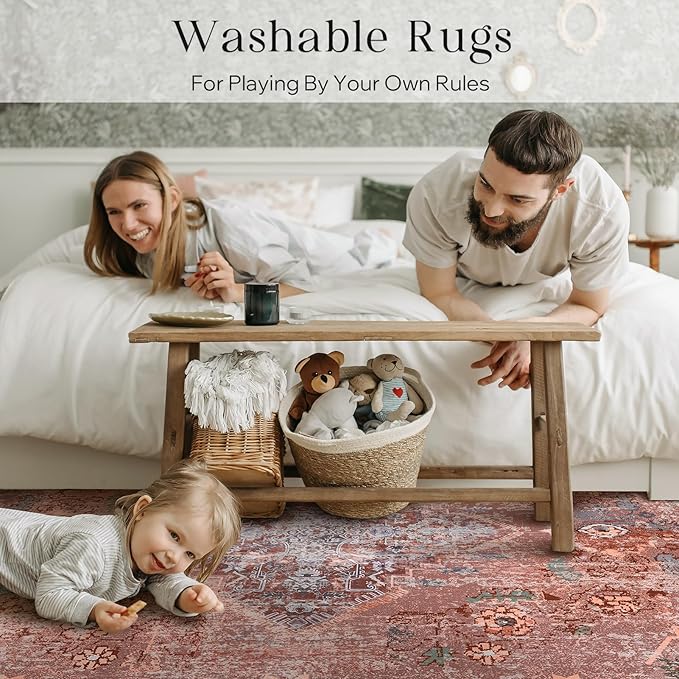 Phantoscope Washable Area Rug 8'x10' Non-Slip, Vintage Neutral Fall Rugs for Living Room, Bedroom, Dining Room, Distressed Boho Medallion Pattern, Low-Pile Foldable Floor Carpet, Rust Orange