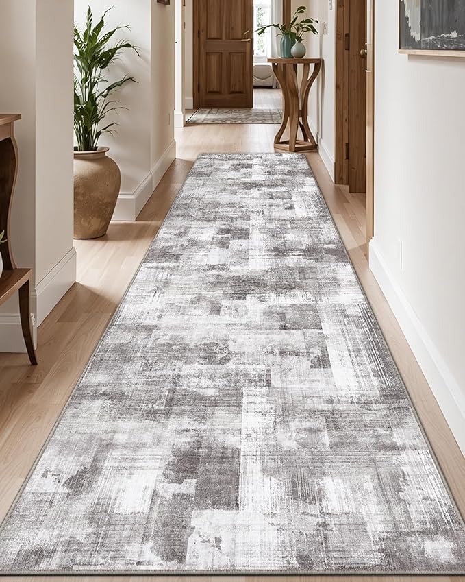 LUMI Washable Runner Rug, 3'x8' Non-Slip Hallway Mat, Low Profile Thin Long Carpeet for Laundry Kitchen Bedroom Office, Grey