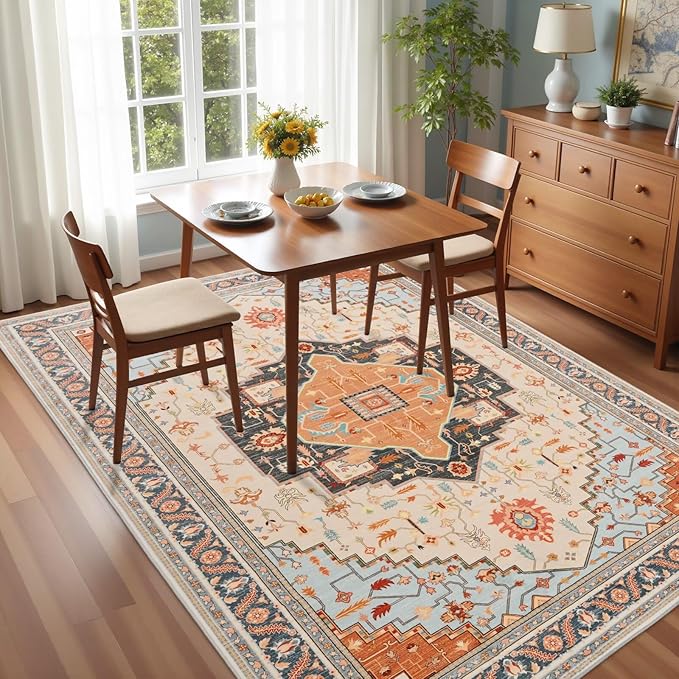 5x7 Orange Beige Area Rug for Living Room, Machine Washable Rugs with Non-Slip Backing for Bedroom, Vintage Medallion Carpet Dining Room Office Kids Room Decor