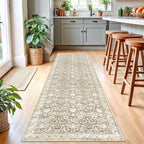 Runner Rug 2.6x10, Beige Tan White Washable Long Hallway Rug Runner Non-Slip Soft Kitchen Runner Thin Printed Faux Wool Super Soft Carpet for Entryway Bedroom Laundry Room Indoor Home Decor