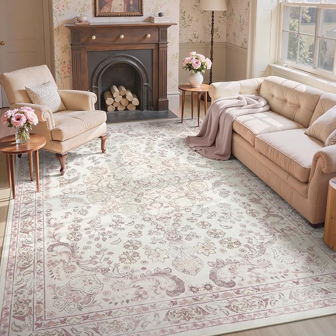Wonnitar Floral Washable 8x10 Rug, Pink Area Rug for Bedroom Girls, Soft Non Slip Ultra-Thin Large Boho Vintage Home Decor Carpet for Living Room Nursery Dining Room Girl Room