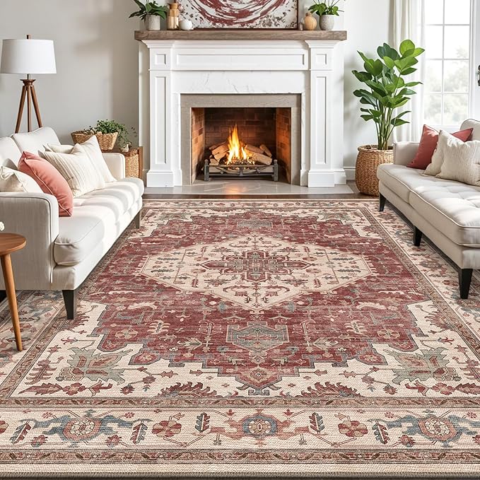 LUMI 8x10 Washable Area Rug for Living Room, Ultra Soft Traditional Vintage Red Rugs Non Slip with Rubber Backing, Low Profile, High Traffic, Stain Resistant Carpets, Ideal for Bedroom, Dining Room