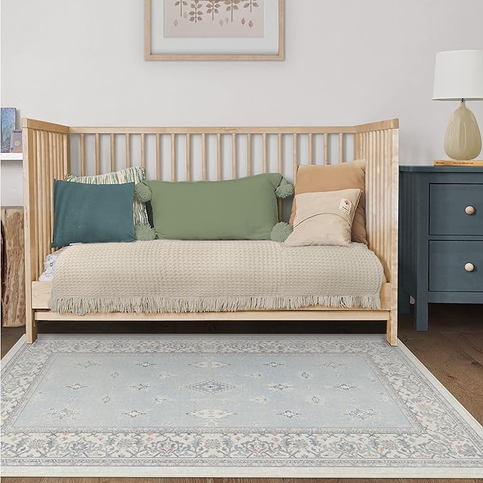 RUGGABLE Washable Vintage Area Rug – Verena Soft Blue 4x6, Stain-Resistant, Non-Slip – Medium Machine Washable Rugs for Living Room, Bedroom, Hallway, Entryway & Office–with Cushioned Pad