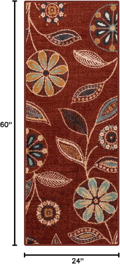 Maples Rugs Reggie Floral Runner Rug - Made in USA - Washable, Non Slip Indoor Carpet for Kitchen, Hallway, and Laundry Room, 2' x 5', Merlot