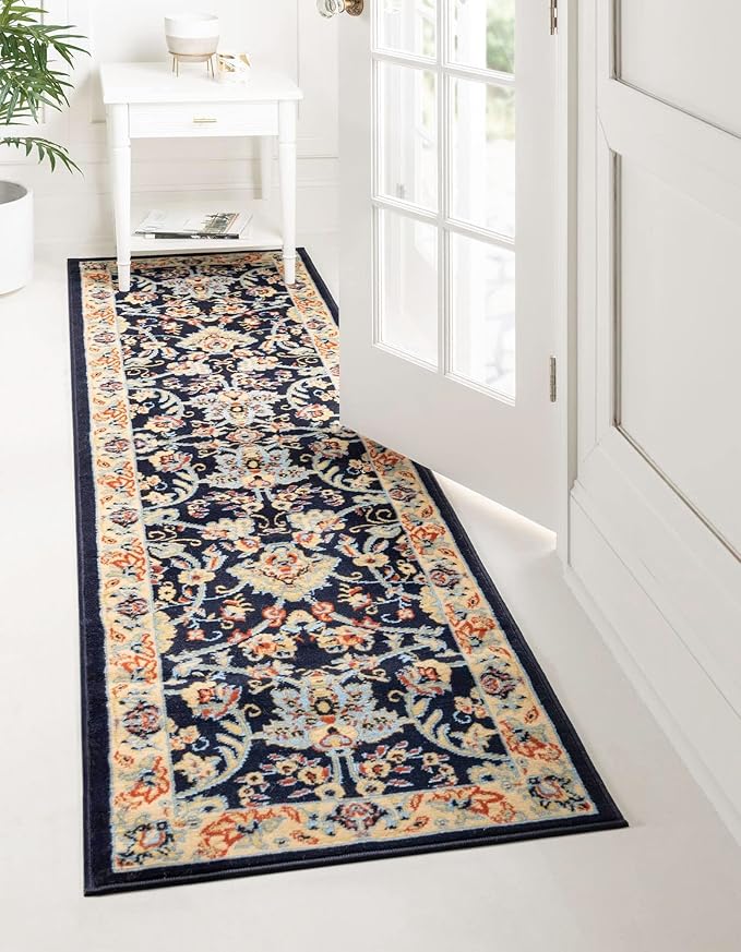 Rugs.com Yasmin Collection Rug – 10 Ft Runner Navy Blue Medium Rug Perfect for Hallways, Entryways