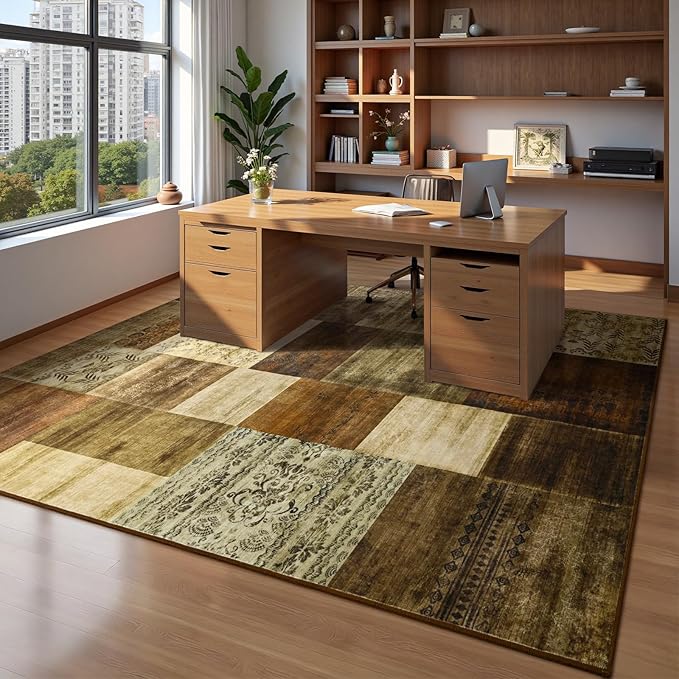 DweIke Washable Area Rugs for Living Room, 4x6 Soft Bedroom Rugs, Geometric Print Non-Slip Modern Rug, Stain Resistant Throw Carpets for Office Nursery Dining Room Home Dorm Decor, Brown