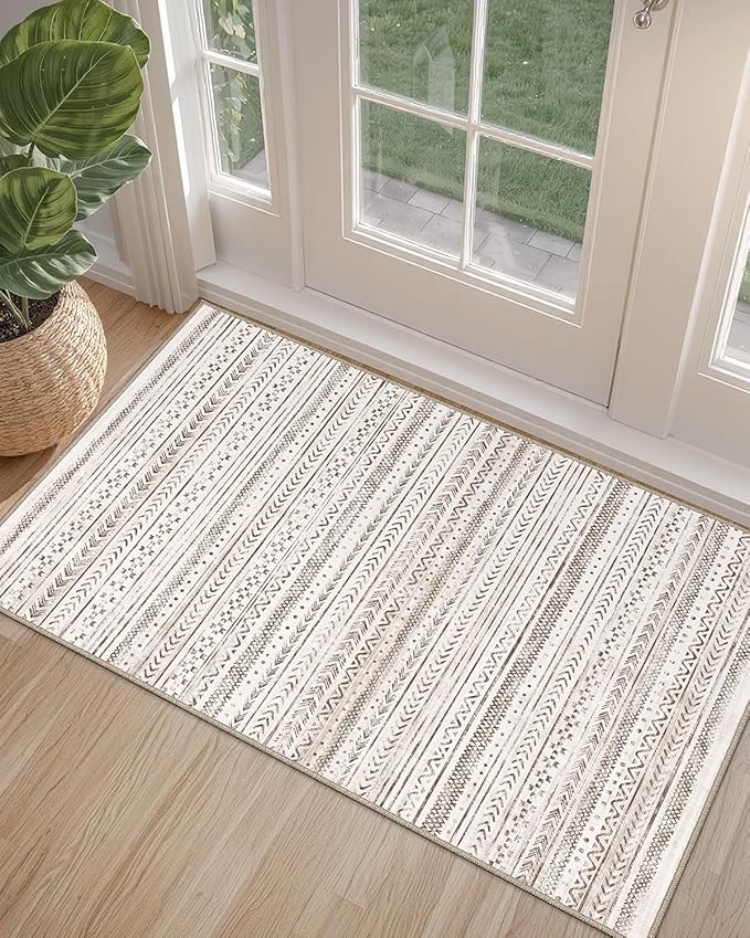 LUMI Ultra Thin Door Mat, 36x59 Non Slip Indoor Doormat Entrance Washable Rugs Entryway Oriental Vintage Soft Carpet for Kitchen Bedroom Front Door, White and Brown