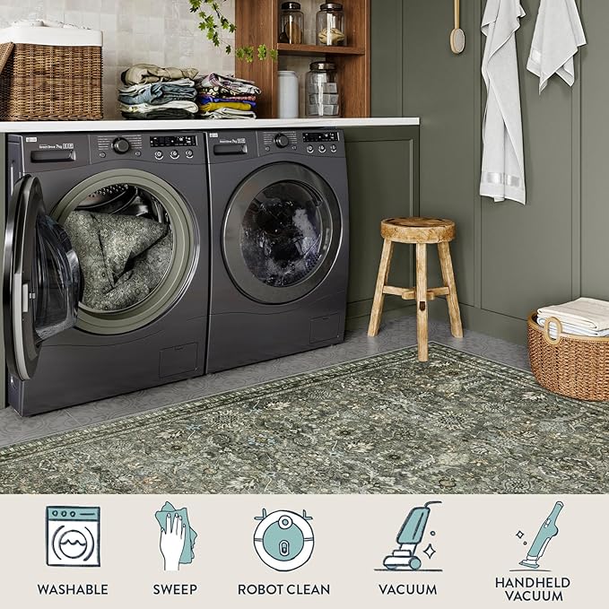 Lahome Green 10x14 Area Rugs for Living Room, Washable Vintage Large Floor Rugs for Bedroom, Rubber Backed Non-Slip Carpet for Dining Room Office