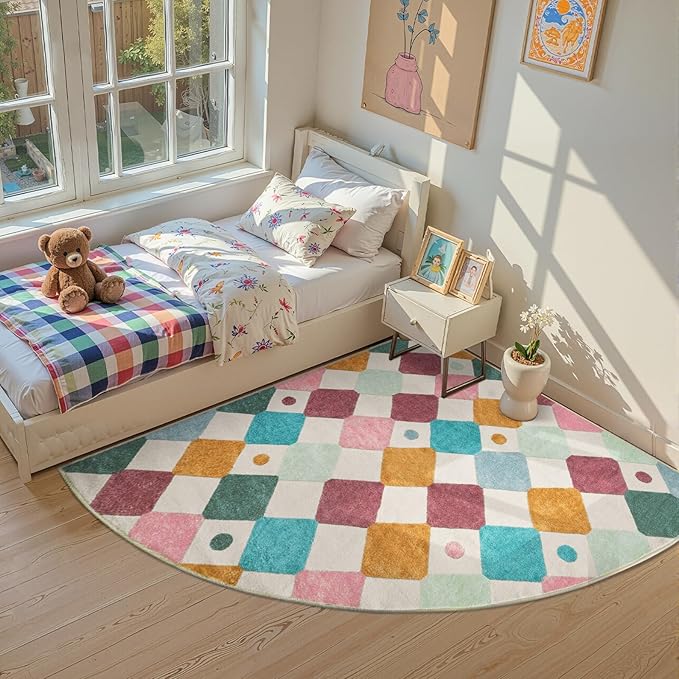 jinchan Macy Kids Rug for Nursery 6ft Radius Corner Washable Area Rug Modern Colorful Quarter Circle Rug Soft Non-Slip Carpet for Bedroom Playroom Daycare Reading Nook Classroom Confetti on Cream