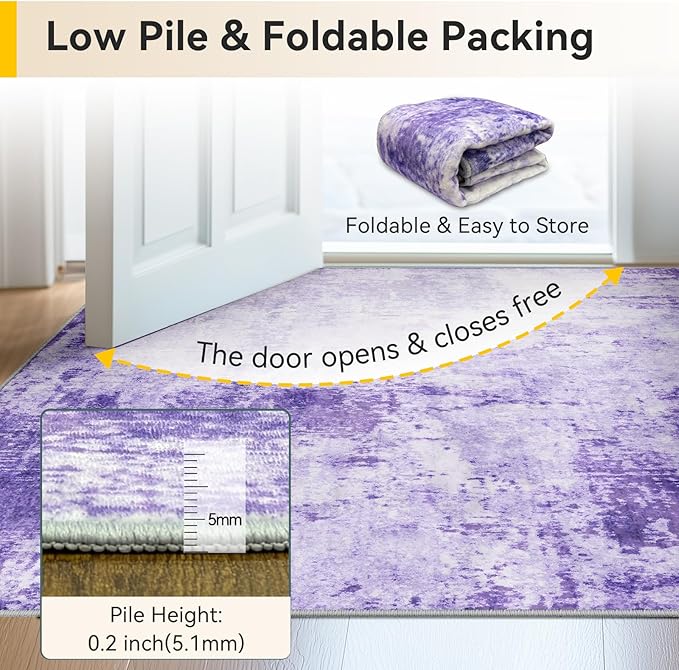 Washable Area Rugs 7'x9' Non-Slip Modern Abstract Soft for Living Room Entryway Bedroom Nursery, Print Pattern, Purple Gray Pink White