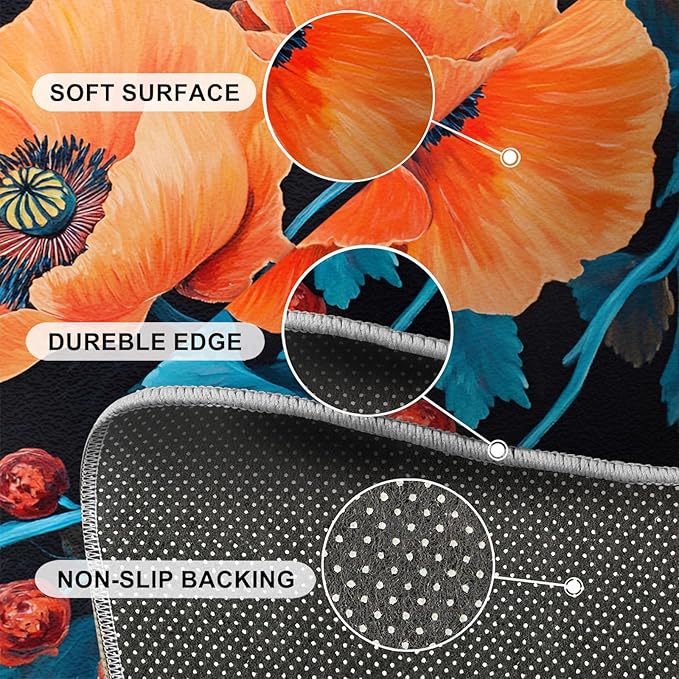 5x8 Poppy Kids Rug - Retro Flowers Art Dining Room Rug, Rustic Florals Art Area Rugs Indoor Modern Rugs for Bedroom Hardwood Floors Teen Room
