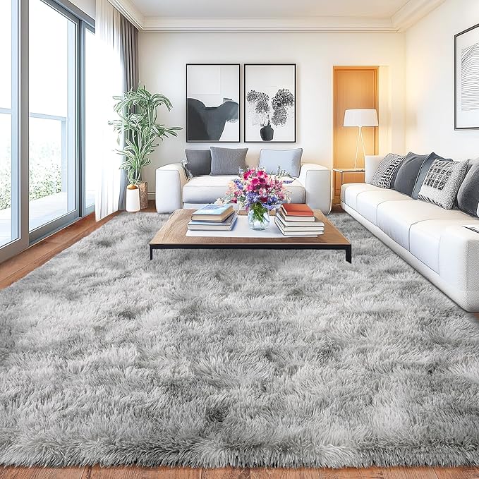 Ultra Soft Fluffy Rugs for Bedroom, Anti-Skid Indoor Carpet Nursery Rugs for Kids Room Home Decor, Rectangular Fuzzy Rug Tie-Dyed Light Grey 6x9 Feet