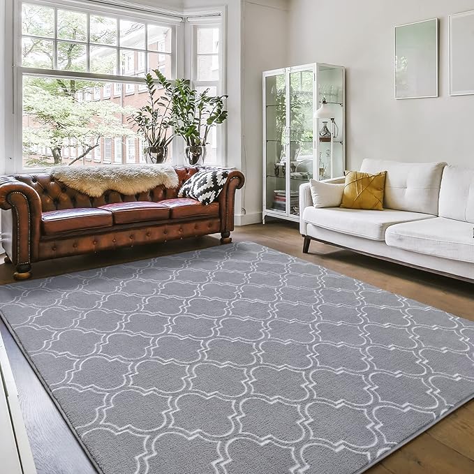 Amearea Fluffy Indoor Trellis Rug, Soft Moroccan Home Rugs for Bedroom, Shag Modern Area Rug for Living Room Kids Room Nursery, Easy Clean, Home Decor Low Pile Carpet, Light Grey 4x6 Feet