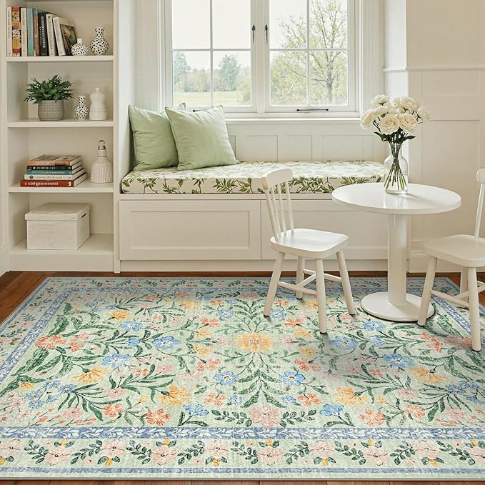 Wonnitar Machine Washable 5x7 Area Rug, Boho Floral Rugs for Living Room Non-Slip, Soft Pink and Green Flower Ultra-Thin Non Shedding Carpet for Bedroom Dining Room Nursery