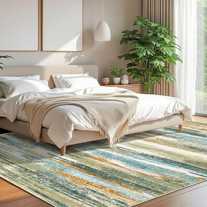 Modern Abstract 8x10 Large Machine Washable Living Room Rug Non-Slip Soft Bedroom Area Rug Green Mustard Multi Ultra Thin Print Faux Wool Carpet Throw Rugs for Playroom Dining Room Indoor